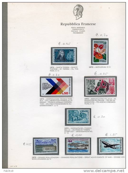 FRANCIA 1973 ANNATA MONTATA SU FOGLI GBE MNH - FRANCE VINTAGE MONTÉ SUR DES FEUILLES - 1970-1979