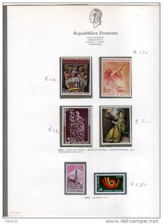 FRANCIA 1973 ANNATA MONTATA SU FOGLI GBE MNH - FRANCE VINTAGE MONTÉ SUR DES FEUILLES - 1970-1979