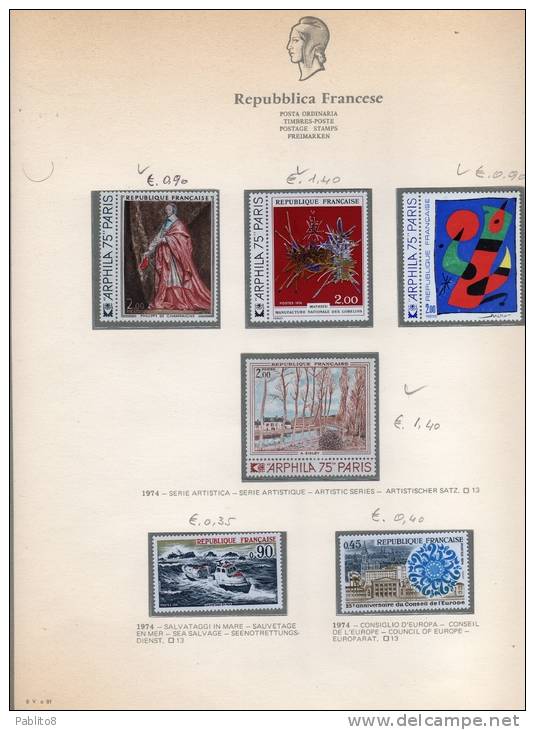 FRANCIA 1974 ANNATA MONTATA SU FOGLI GBE MNH - FRANCE VINTAGE MONTÉ SUR DES FEUILLES - 1970-1979