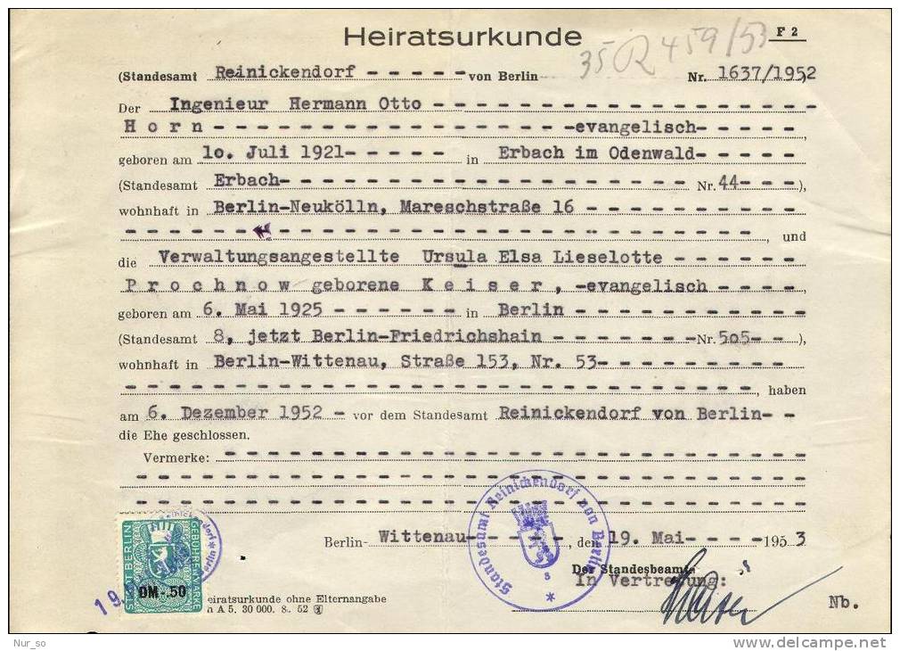 Germany Certificate Berlin Revenue 1953 Geburtsurkunde Gebührenmarke Stempelmarke Timbre Fiscal - Covers & Documents