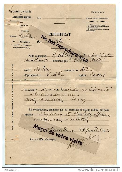 - Certificat De Visite Médicale - XV éme Corps D´Armée, Signé, Médecin Lieutenant Place De Marseille, 1931, TBE. - Documents