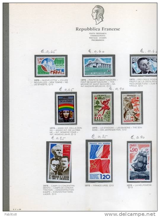 FRANCIA 1975 ANNATA MONTATA SU FOGLI GBE MNH - FRANCE VINTAGE MONTÉ SUR DES FEUILLES - 1970-1979