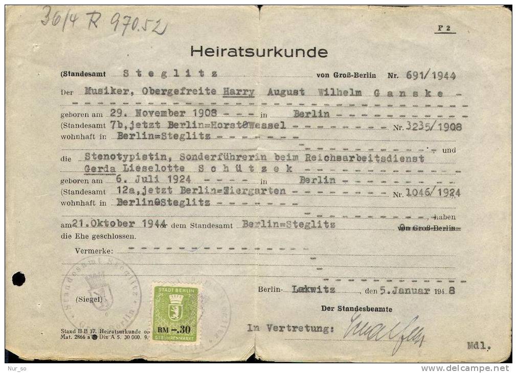 Germany Certificate Berlin Revenue 1948 Heiratsurkunde Gebührenmarke Stempelmarke Timbre Fiscal - Covers & Documents