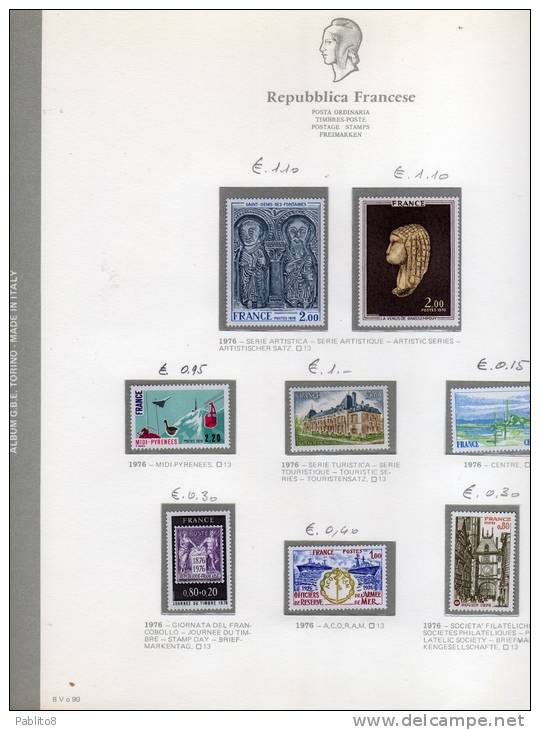 FRANCIA 1976 ANNATA MONTATA SU FOGLI GBE MNH - FRANCE VINTAGE MONTÉ SUR DES FEUILLES - 1970-1979