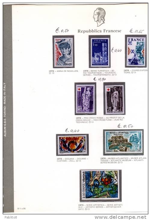 FRANCIA 1976 ANNATA MONTATA SU FOGLI GBE MNH - FRANCE VINTAGE MONTÉ SUR DES FEUILLES - 1970-1979