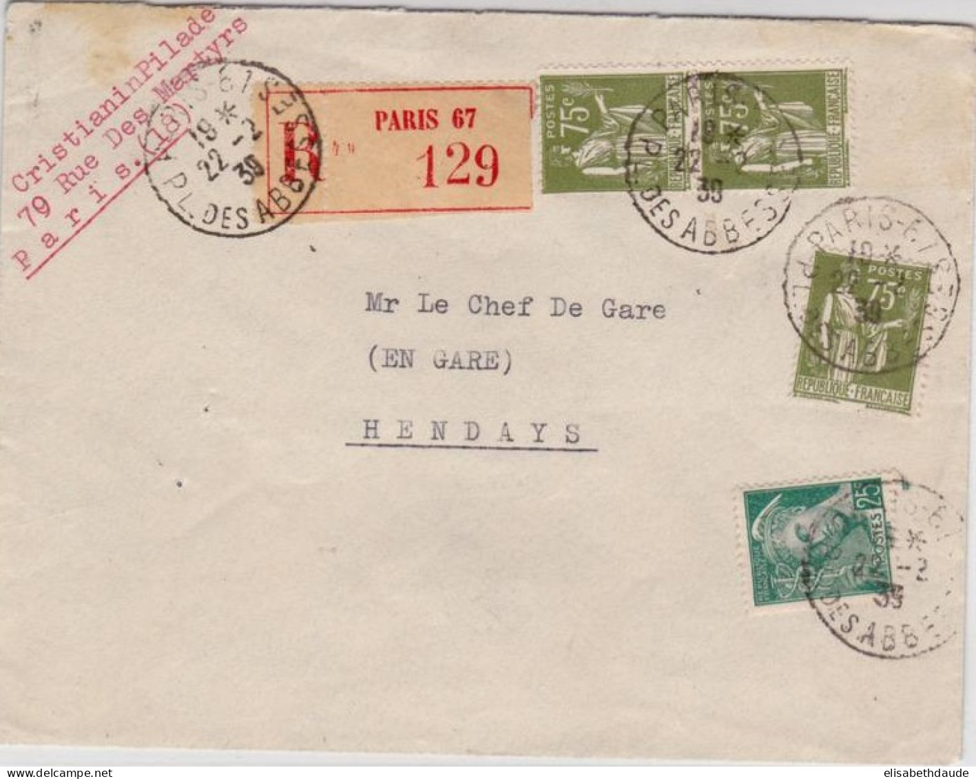 1939 - ENVELOPPE RECOMMANDEE De PARIS Pour HENDAYE - PAIX + MERCURE - 1932-39 Peace