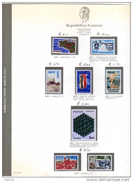 FRANCIA 1977 ANNATA MONTATA SU FOGLI GBE MNH - FRANCE VINTAGE MONTÉ SUR DES FEUILLES - 1970-1979