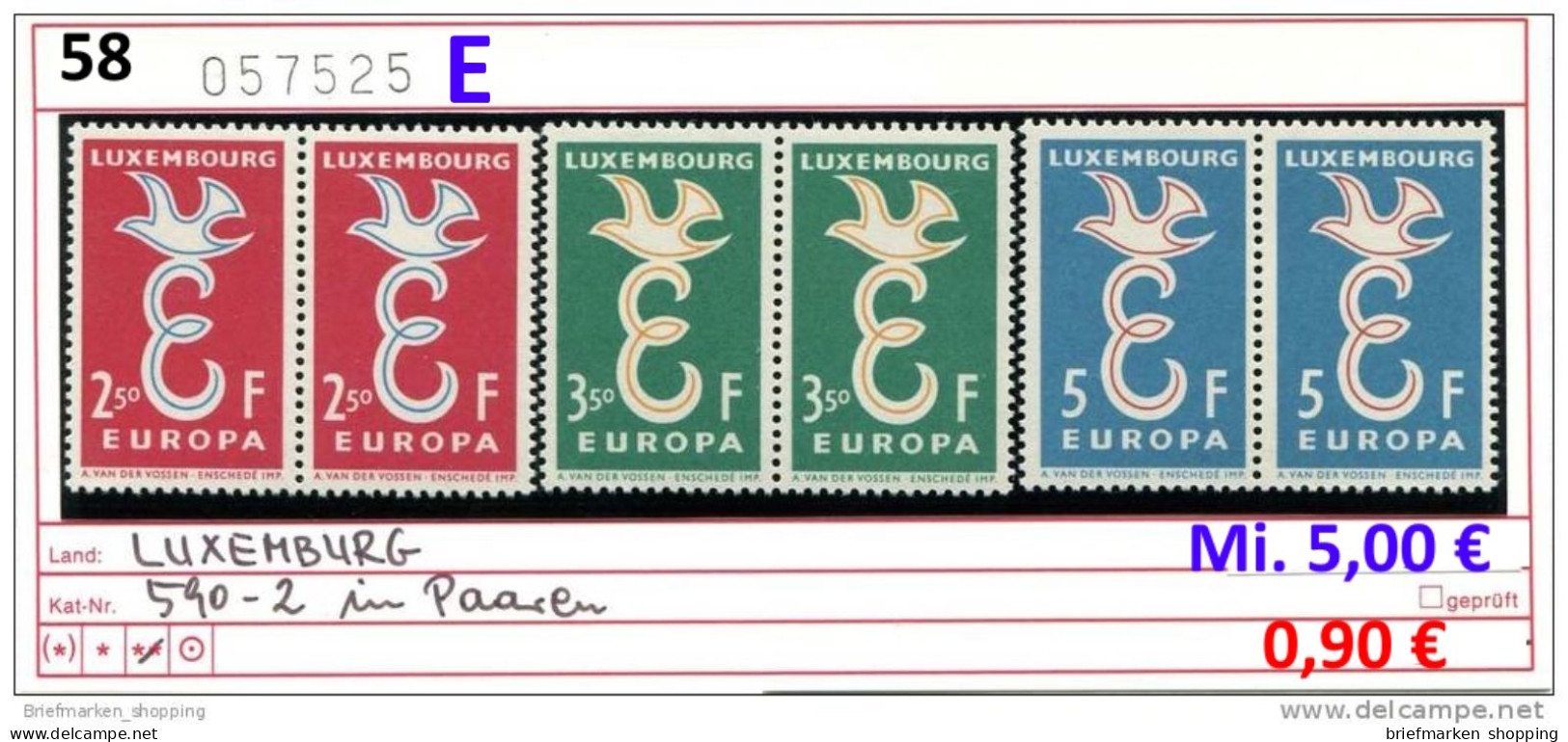 Luxemburg 1958 - Luxembourg 1958 - EUROPA 1958 - Michel 590-592 In Paaren / Pairs - ** Mnh Neuf Postfris - CEPT 1958 - Unused Stamps