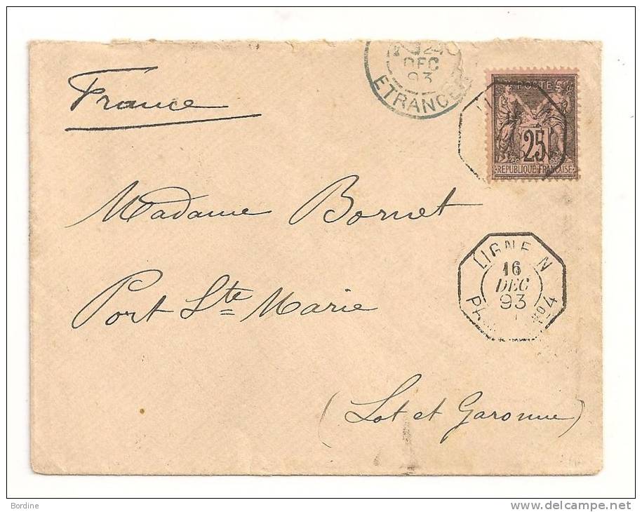 Lettre - POSTE MARITIME - Ligne N S/TP Sage N°97 - 1893 - Autres & Non Classés