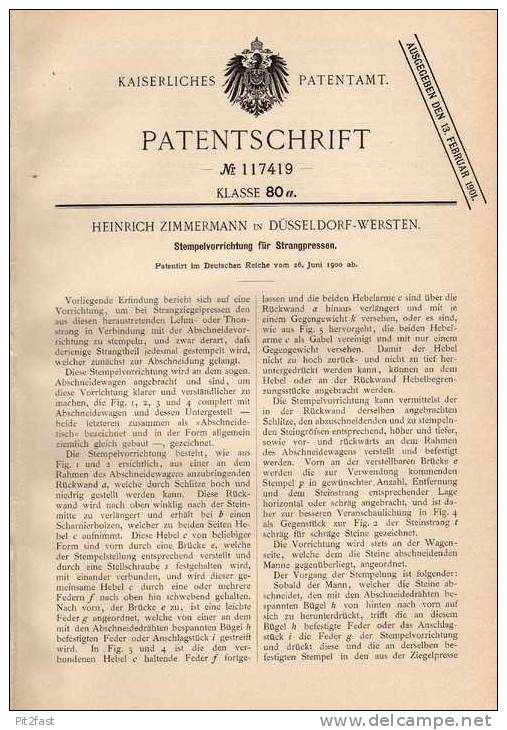 Original Patentschrift - H. Zimmermann In Düsseldorf - Wersten ,1900, Strangpresse , Presse , Metallbau !!! - Macchine