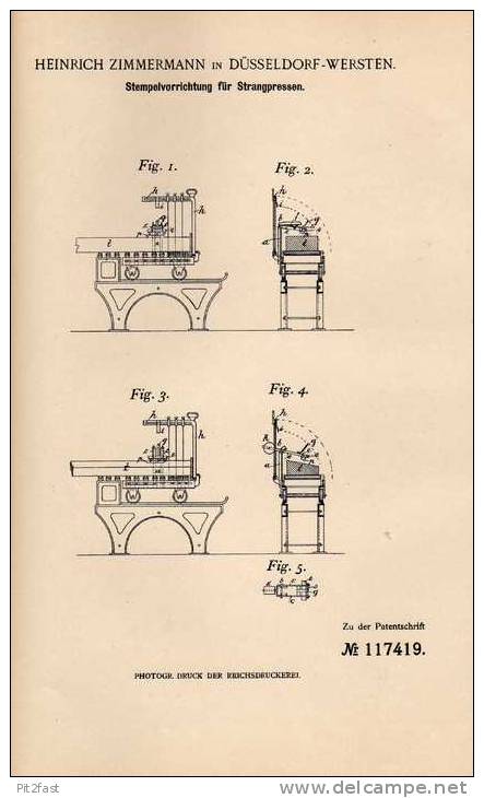 Original Patentschrift - H. Zimmermann In Düsseldorf - Wersten ,1900, Strangpresse , Presse , Metallbau !!! - Maschinen