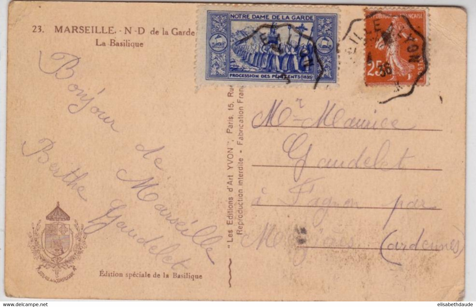 1936 - CARTE De MARSEILLE Avec VIGNETTE "PROCESSION DES PENITENTS à ND De La GARDE En 1835" Pour Les ARDENNES - SEMEUSE - Covers & Documents