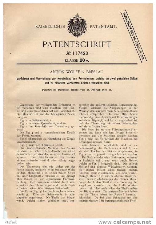 Original Patentschrift -  A. Wolff In Breslau , 1900 , Formsteine , Pflastersteine , Bau , Maurer , Tiefbau !!! - Architectuur
