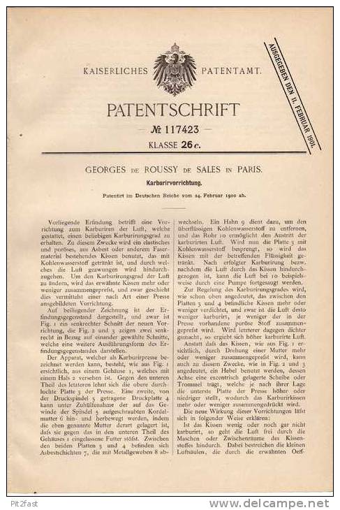 Original Patentschrift -  G. De Roussy In Paris ,1900,  Karburator , Vergaser , Kompressor !!! - Maschinen