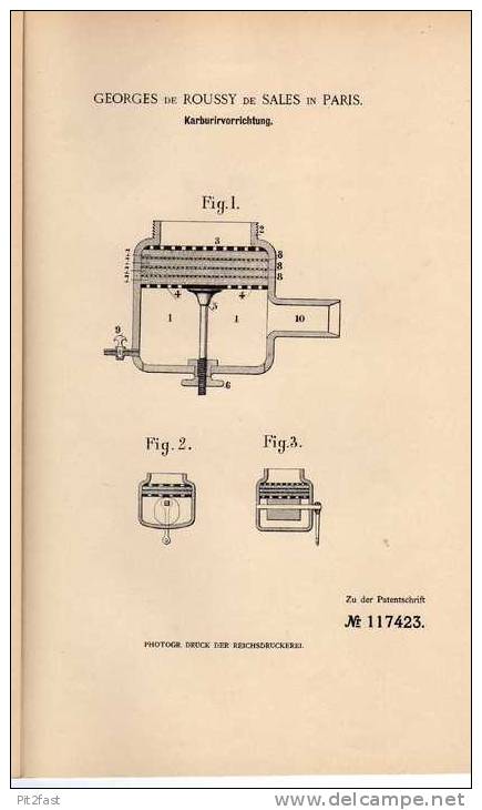 Original Patentschrift -  G. De Roussy In Paris ,1900,  Karburator , Vergaser , Kompressor !!! - Machines