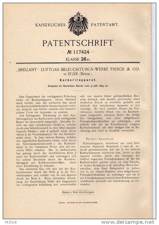 Original Patentschrift -  "Brillant" Luftgas-Beleuchtungs-Werke In Eger , Böhm. ,1899,  Karburator , Vergaser !!! - Tools