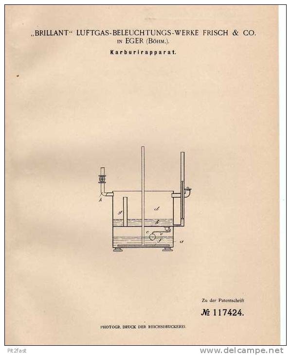 Original Patentschrift -  "Brillant" Luftgas-Beleuchtungs-Werke In Eger , Böhm. ,1899,  Karburator , Vergaser !!! - Tools