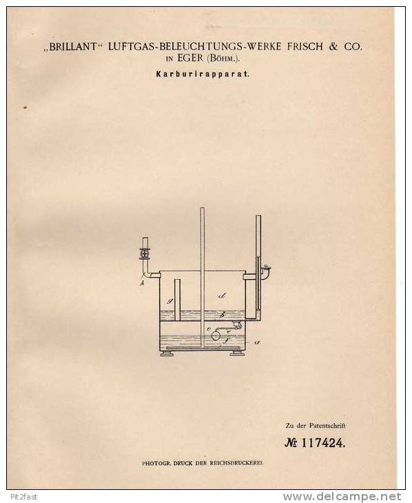 Original Patentschrift -  "Brillant" Luftgas-Beleuchtungs-Werke In Eger , Böhm. ,1899,  Karburator , Vergaser !!! - Maschinen
