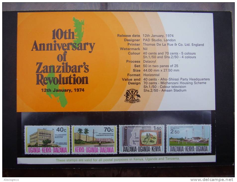 K U T  1974 10th.Anniv Of ZANZIBAR REVOLUTION Issue 4 Values To 2/50 With PRESENTATION CARD MNH. - Kenya, Uganda & Tanzania