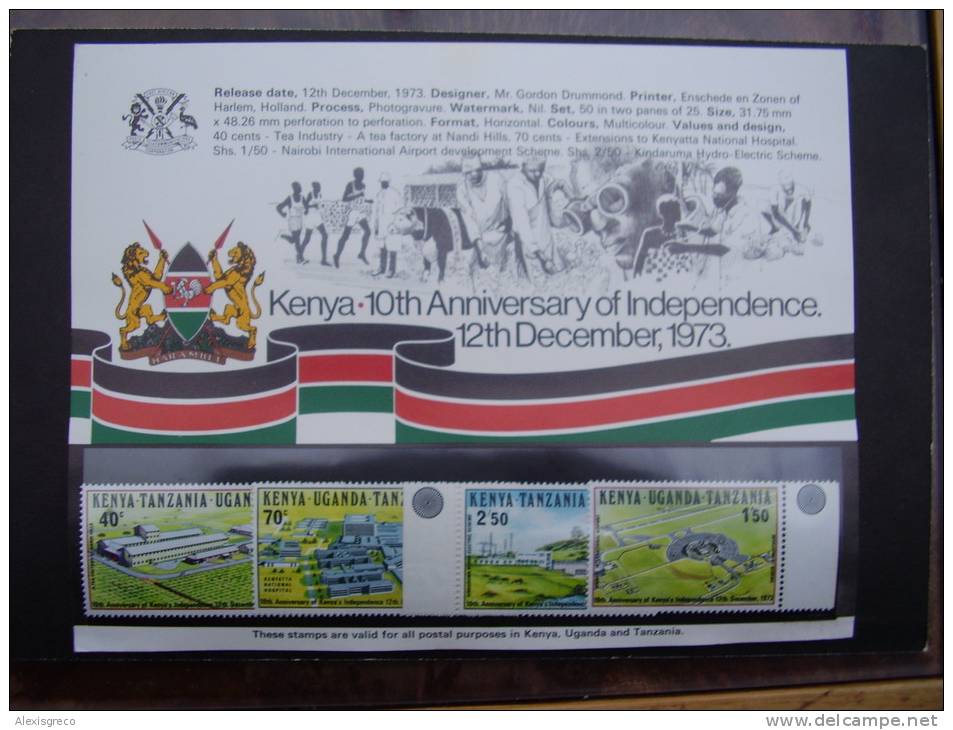 KUT 1973 10th.Anniv KENYAN INDEPENDENCE  Issue 4 Values To 2/50  MNH With PRESENTATION CARD.. - Kenya, Uganda & Tanzania