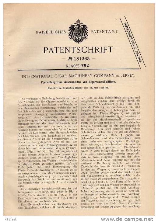 Original Patentschrift - Int. Cigar Machinery Comp. In Jersey , 1900 , Zigarren Maschine , Zigarette , Cigaretten !!! - Documenten