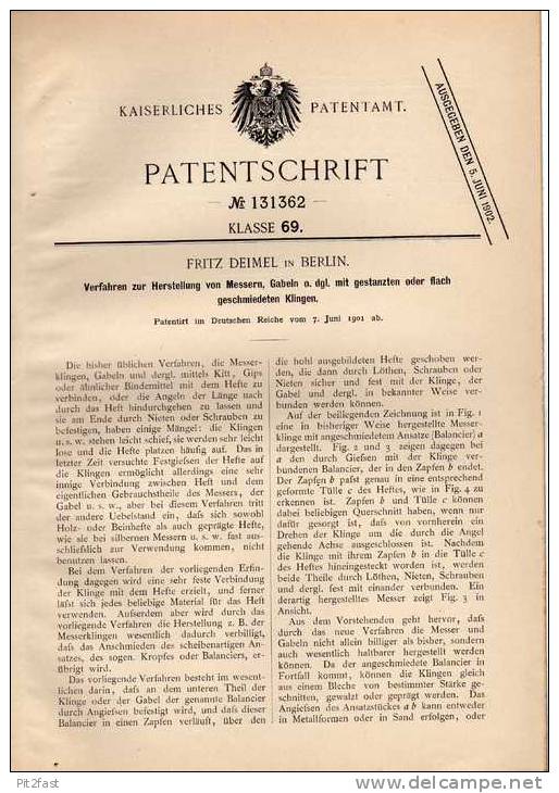 Original Patentschrift - F. Deimel In Berlin ,1901 , Messer , Gabel Mit Geschmiedeten Klingen , Besteck !!! - Eisenarbeiten