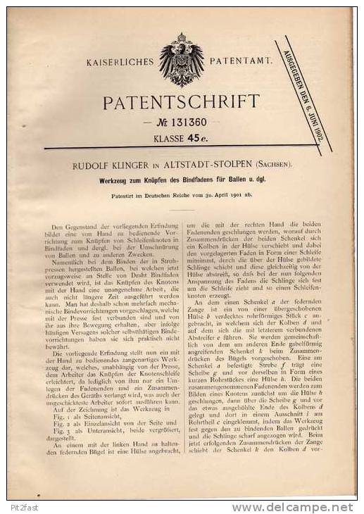 Original Patentschrift - R. Klinger In Altstadt - Stolpen I.S., 1901 , Werkzeug Für Strohballen , Landwirtschaft , Agrar - Machines