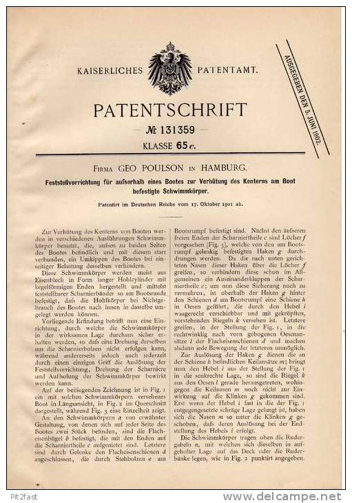 Original Patentschrift - Fa. Poulsen In Hamburg ,1901 , Kenterschutz Für Schiffe , Schiffbau !!! - Other & Unclassified
