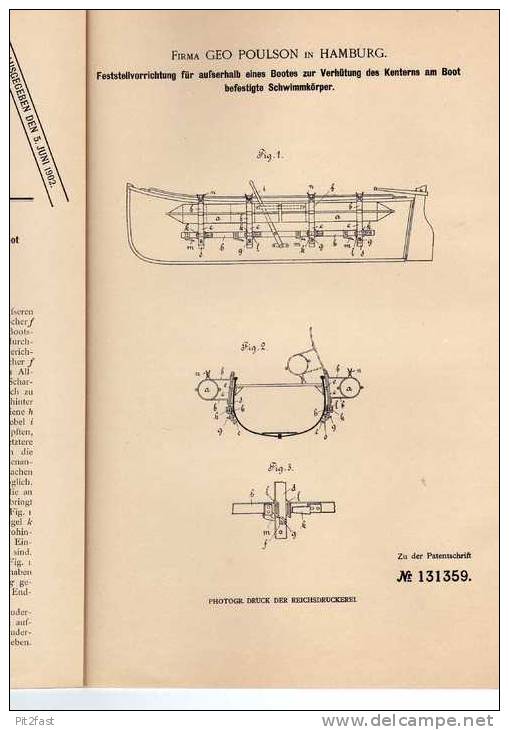 Original Patentschrift - Fa. Poulsen In Hamburg ,1901 , Kenterschutz Für Schiffe , Schiffbau !!! - Altri & Non Classificati