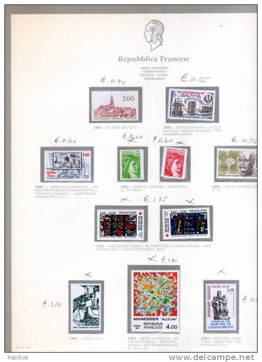 FRANCIA 1981 ANNATA MONTATA SU FOGLI GBE MNH - FRANCE VINTAGE MONTÉ SUR DES FEUILLES - 1980-1989