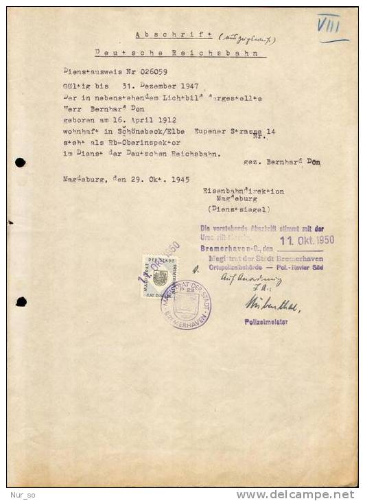 Germany Certificate Bremerhaven Revenue 1950 Dokument Gebührenmarke Stempelmarke Timbre Fiscal - Covers & Documents