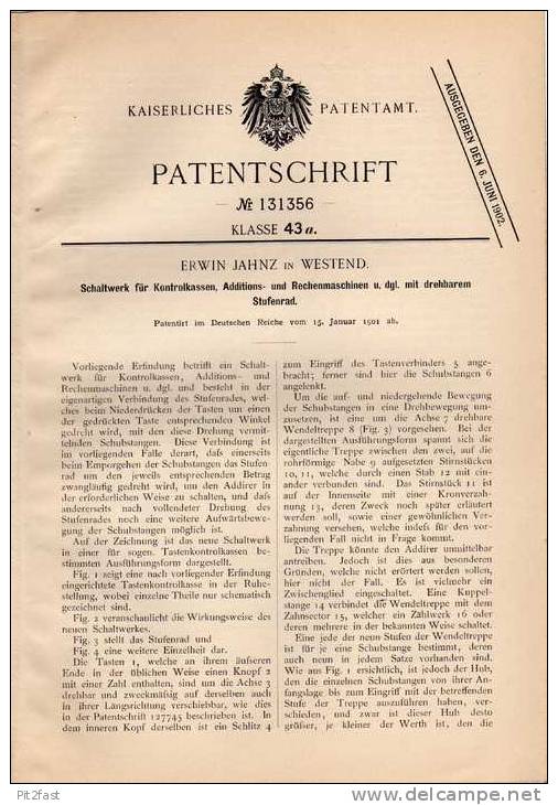 Original Patentschrift - E. Jahnz In Westend , 1901 , Rechenmaschine , Additionsmaschine , Mathematik , Schule !!! - Maschinen