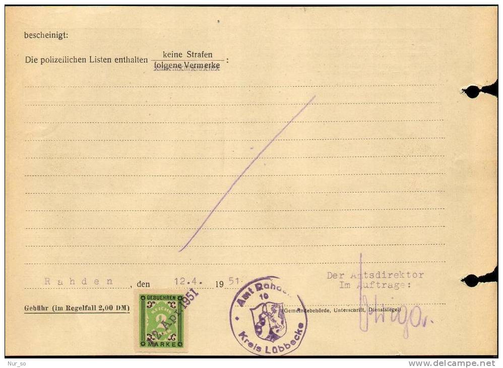 Germany Certificate Rahden Revenue 1951 Führungszeugnis Gebührenmarke Stempelmarke Timbre Fiscal - Covers & Documents