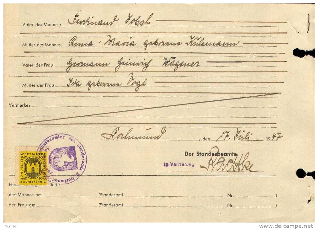 Germany Certificate Dortmund Revenue 1947 Heiratsurkunde Gebührenmarke Stempelmarke Timbre Fiscal - Covers & Documents