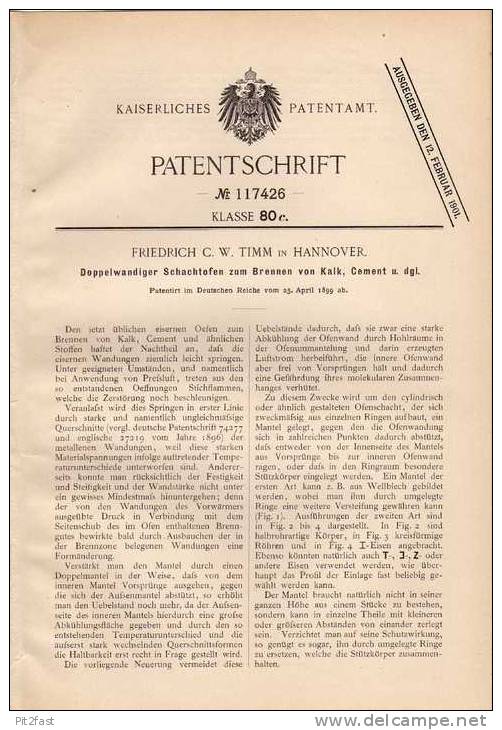 Original Patentschrift - C.W. Timm In Hannover , Ofen Zum Brennen Von Cement , 1899 !!! - Architectuur
