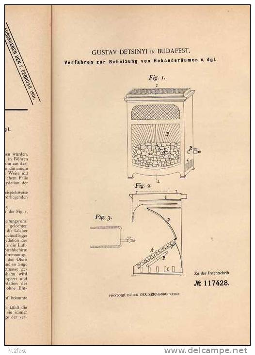 Original Patentschrift - G. Detsinyi In Budapest , 1899 , Heizung , Ofen Für Gebäude  !!! - Architecture