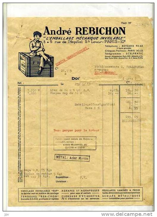 FACTURE : PARIS . ANDRE REBICHON . EMBALLAGE MECANIQUE INVIOLABLE . 1941 . - Chemist's (drugstore) & Perfumery