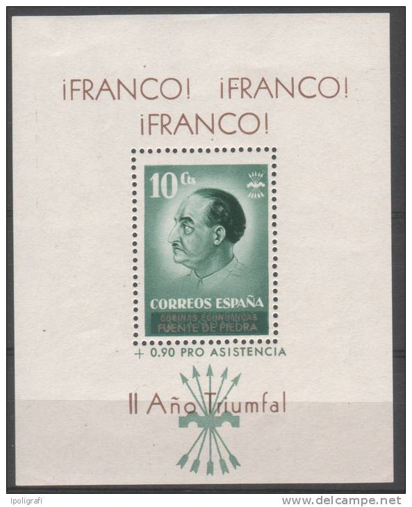 Spain - 1938 - Civil War Vignette, Franco, 2nd Triumphal Year 10 Cts. Cocinas Economicas Fuente De Piedra. With Gum - Vignette Della Guerra Civile