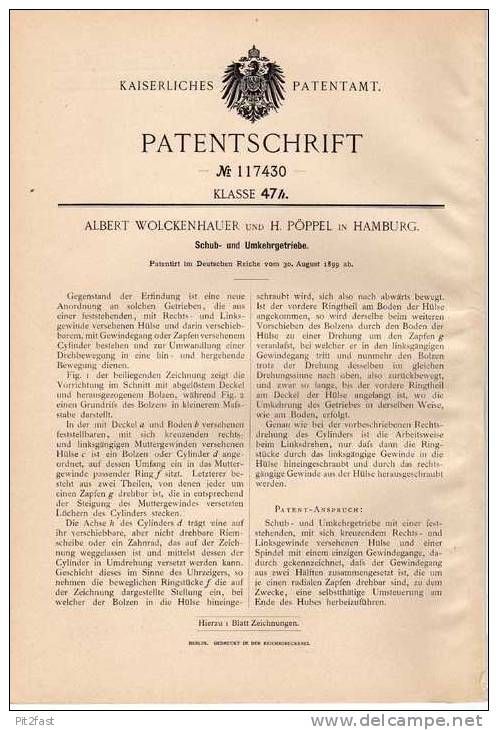 Original Patentschrift - H. Pöppel In Hamburg , 1899, Schub- Und Umkehrgetriebe , Getriebe , A. Wolckenhauer !!! - Machines