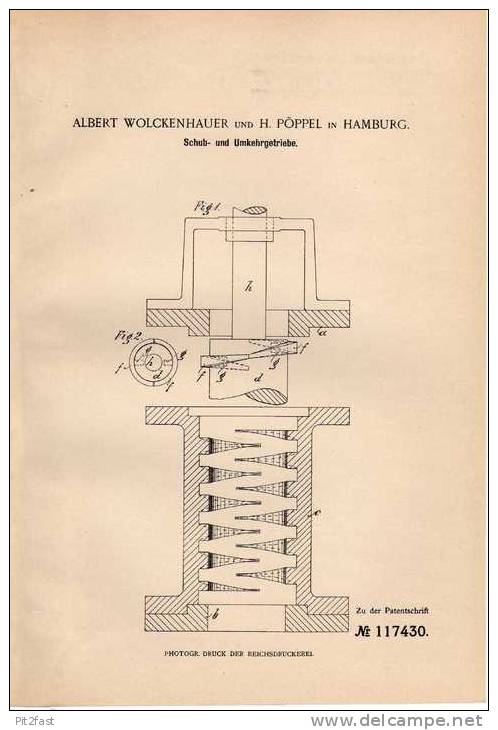 Original Patentschrift - H. Pöppel In Hamburg , 1899, Schub- Und Umkehrgetriebe , Getriebe , A. Wolckenhauer !!! - Maschinen