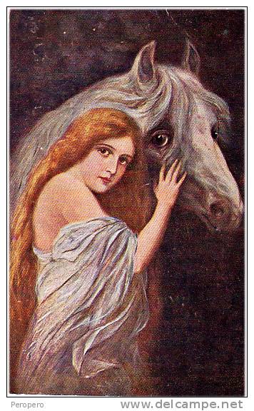 AK PFERDE HORSE  MÄDCHEN Langhaarige SCHÖNHEIT B.DIETZE : " TRÄUMEREI "OLD POSTCARD - Pferde