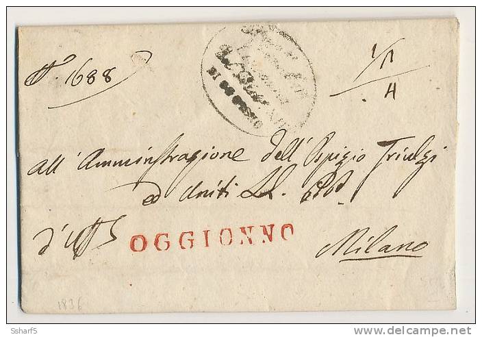 1836 OGGIONNO Timbro Lineare Rosso (Oggiono--Milano) Cpl. Di Testo Ottima Qualità - ...-1850 Voorfilatelie