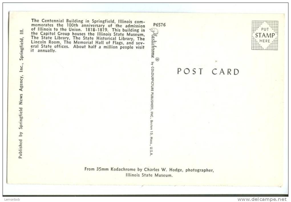 USA – United States, The Centennial Building In Springfield, Illinois, Unused Postcard [P8016] - Springfield – Illinois