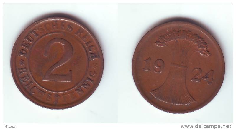 Germany 2 Reichspfennig 1924 D - 2 Rentenpfennig & 2 Reichspfennig