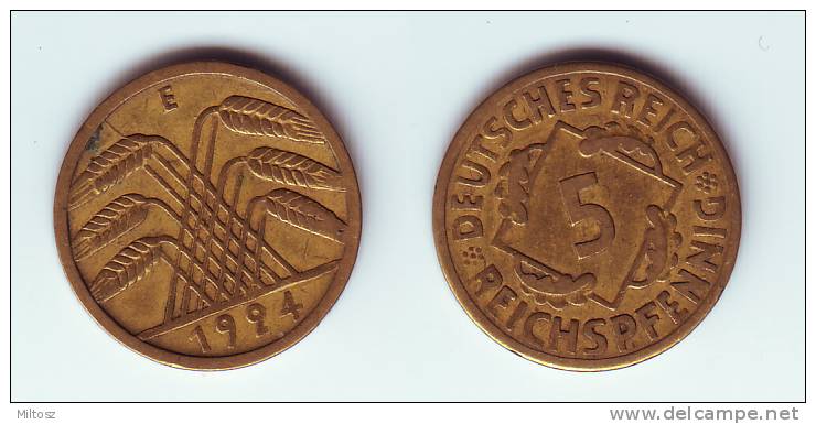 Germany 5 Reichspfennig 1924 E - 5 Rentenpfennig & 5 Reichspfennig