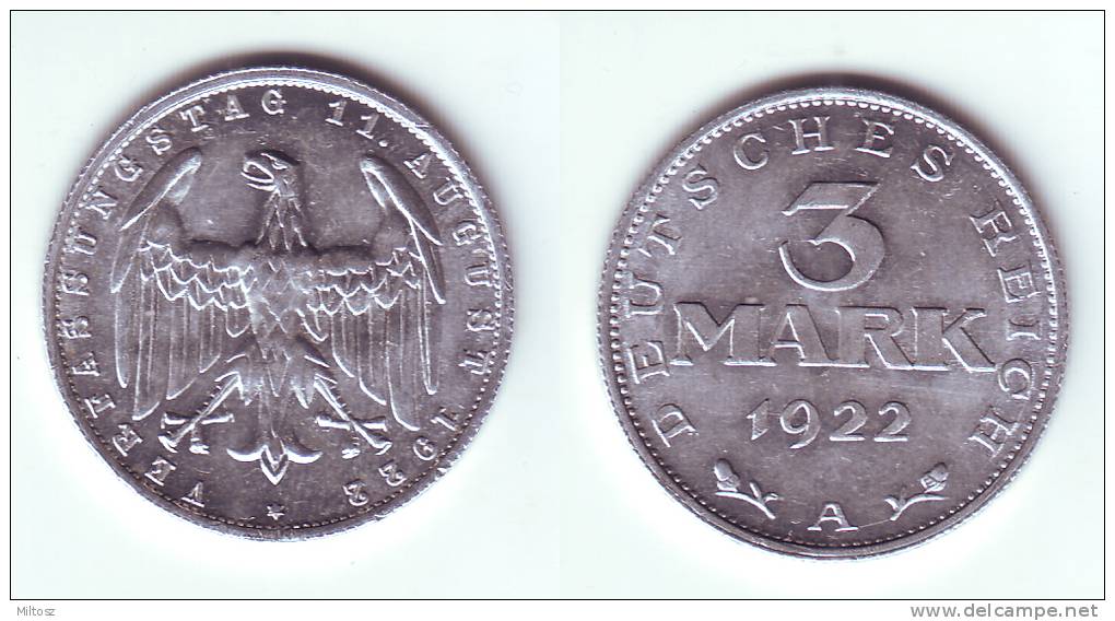 Germany 3 Mark 1922 A 3rd Anniversary Weimar Constitution - 3 Mark & 3 Reichsmark