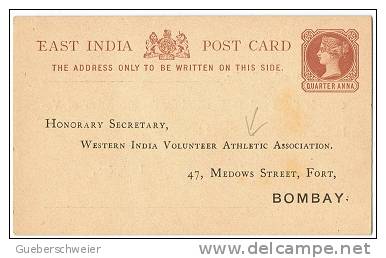 ATH - L26 - INDE Carte Entier Postal Imprimé, à L'association Athlétique De Bombay - 1858-79 Compagnia Delle Indie E Regno Della Regina