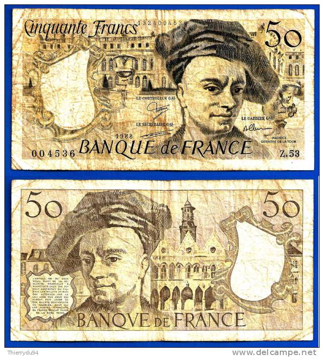 France 50 Francs 1988 Alphabet Z 53 Numero 4536 Quentin Frcs Frc Paypal Skrill OK - 50 F 1976-1992 ''Quentin De La Tour''