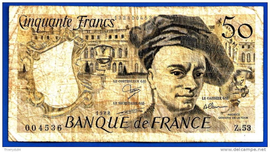 France 50 Francs 1988 Alphabet Z 53 Numero 4536 Quentin Frcs Frc Paypal Skrill OK - 50 F 1976-1992 ''quentin De La Tour''