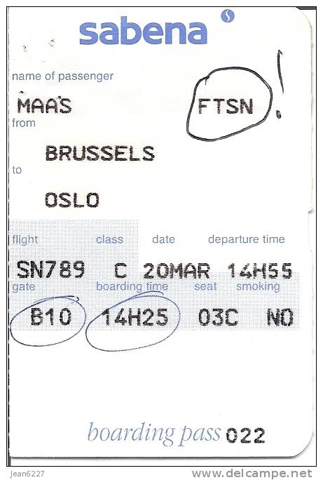 Boarding Pass - Sabena - SN789 - Brussels-Oslo FBU - 20MAR95 - Instapkaart